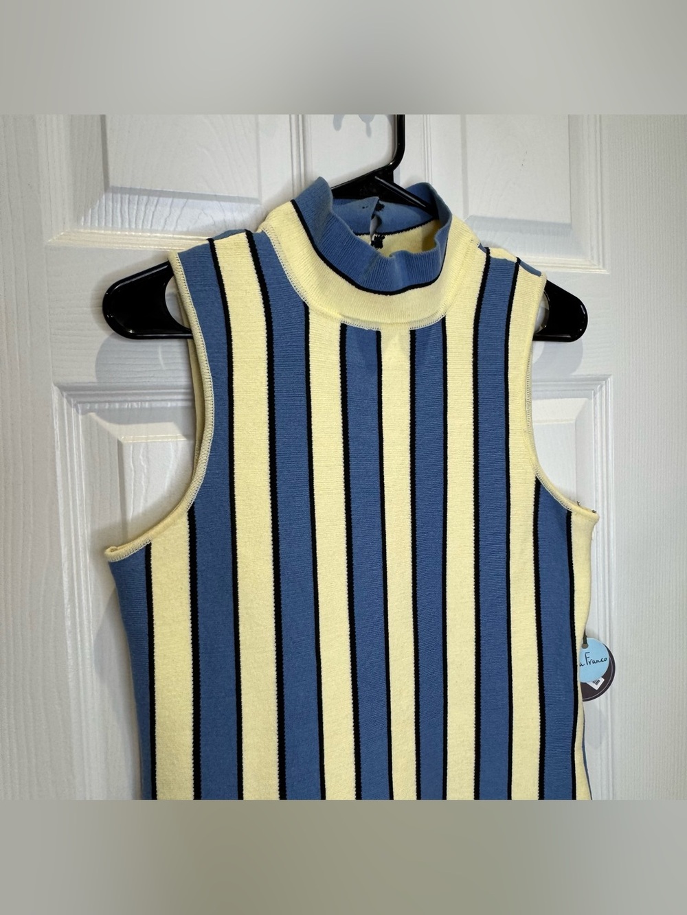 Anthropologie Eva Franco Mock-Neck Mini Cream Blue Stripe Dress Women's Medium - Picture 3 of 7
